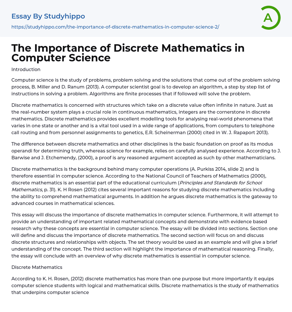 The Importance of Discrete Mathematics in Computer Science Essay Example