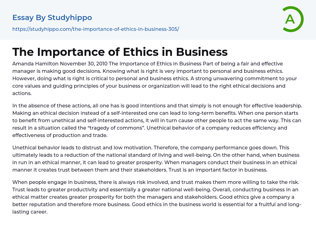 The Importance of Ethics in Business Essay Example