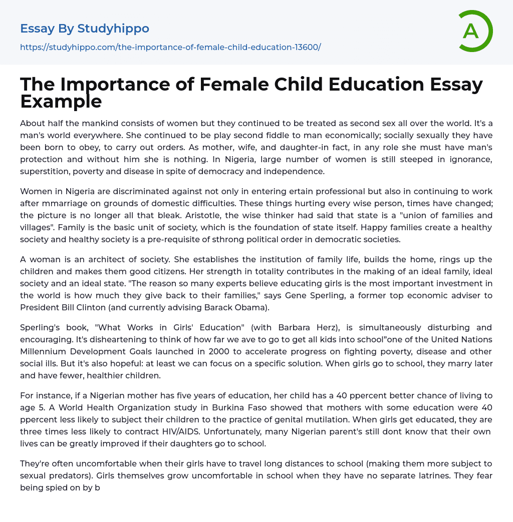 The Importance of Female Child Education Essay Example