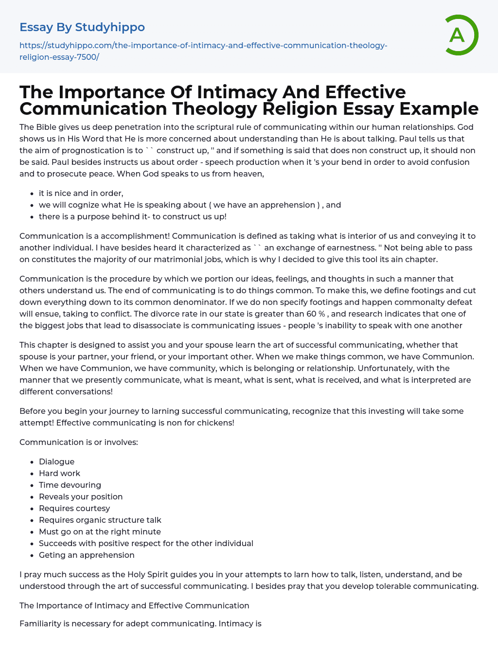 The Importance Of Intimacy And Effective Communication Theology Religion Essay Example