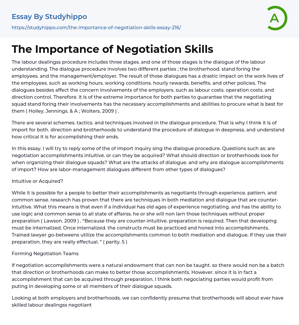 The Importance of Negotiation Skills Essay Example