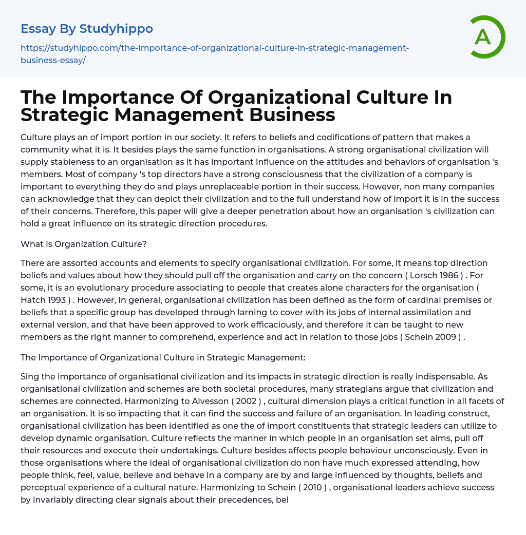 The Importance Of Organizational Culture In Strategic Management Business Essay Example