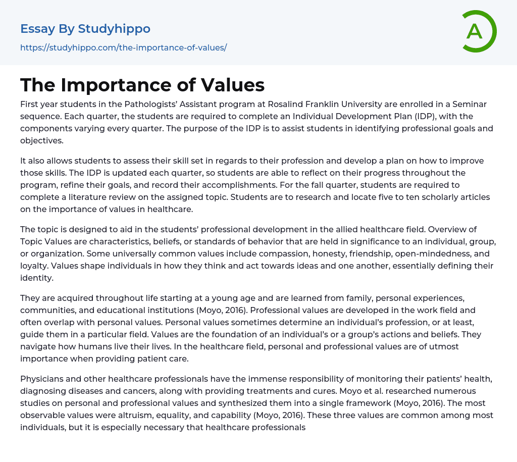essay on importance of values in life