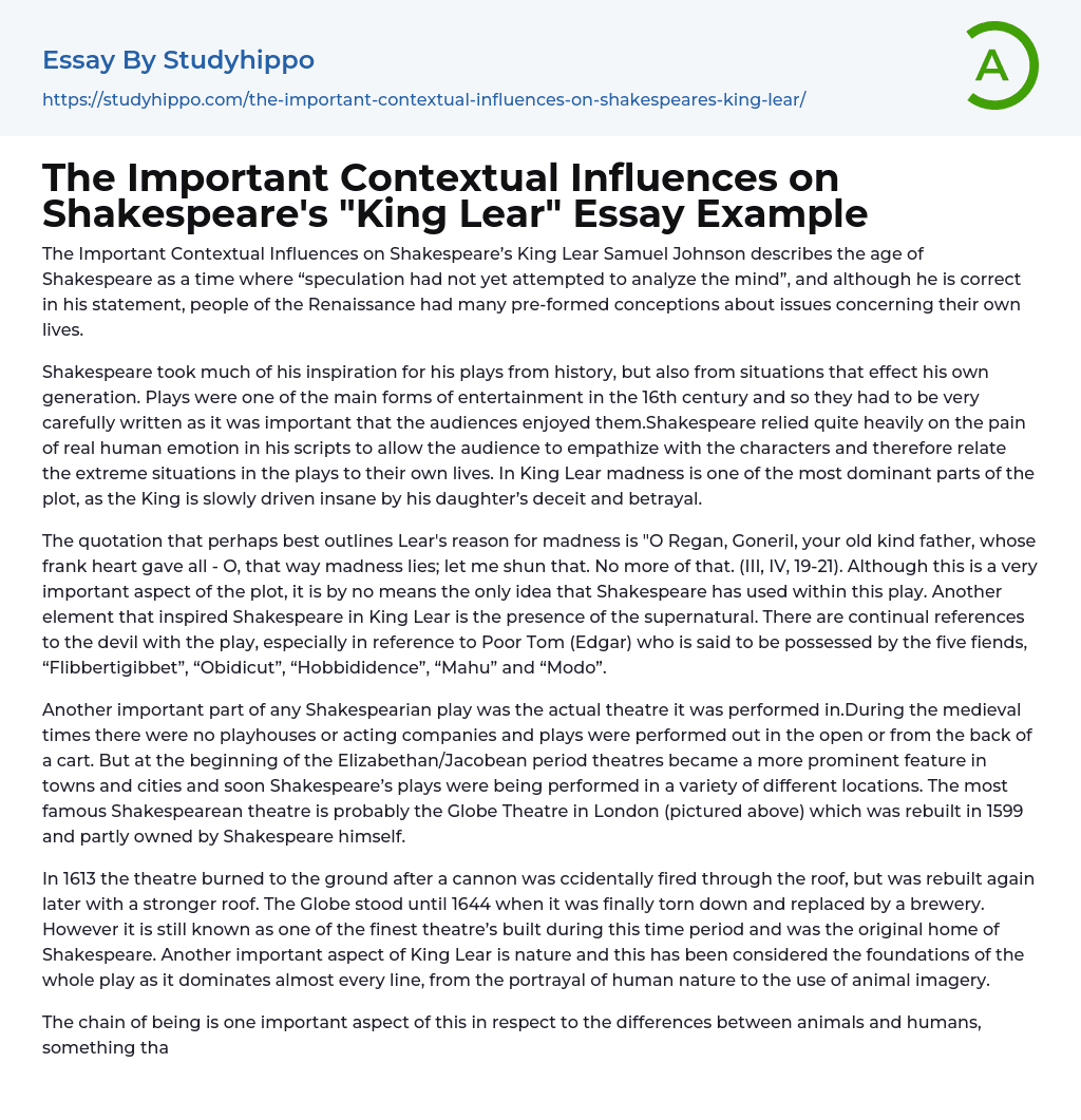 The Important Contextual Influences on Shakespeare’s “King Lear” Essay Example
