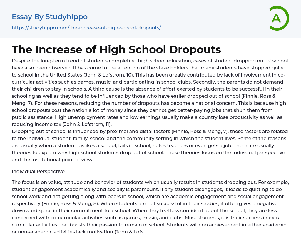 The Increase of High School Dropouts Essay Example