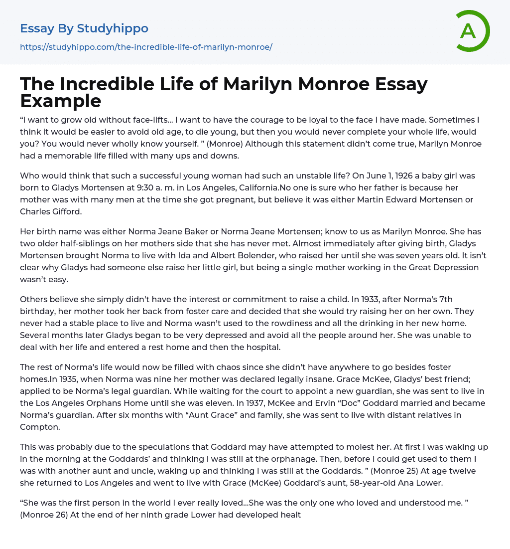 The Incredible Life of Marilyn Monroe Essay Example