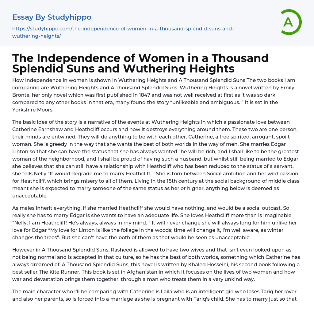 The Independence of Women in a Thousand Splendid Suns and Wuthering Heights Essay Example