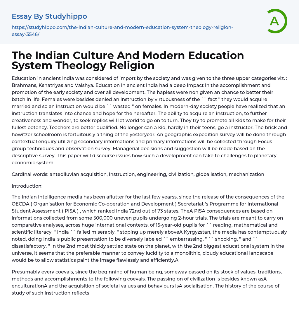 The Indian Culture And Modern Education System Theology Religion Essay Example