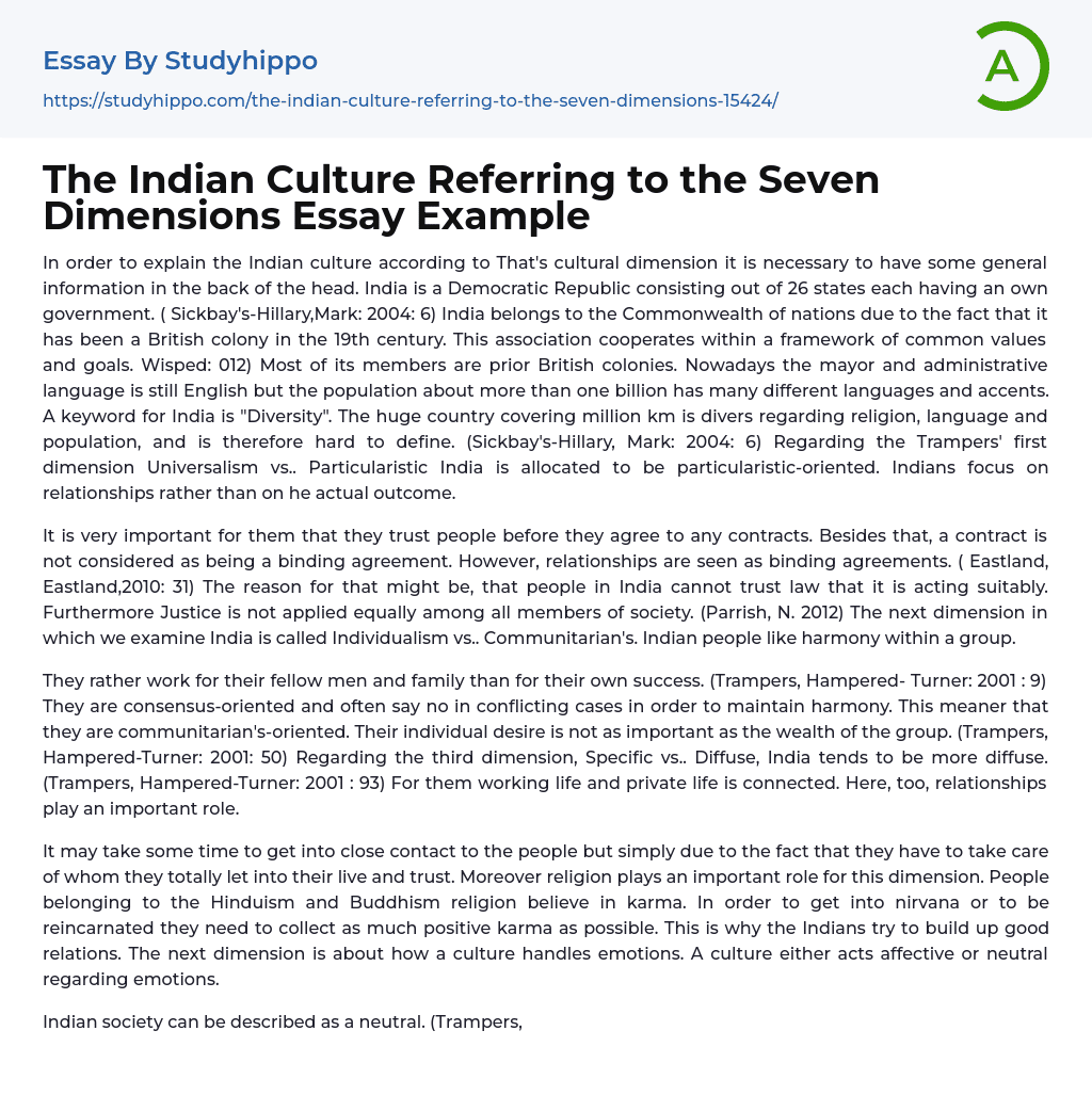 The Indian Culture Referring to the Seven Dimensions Essay Example