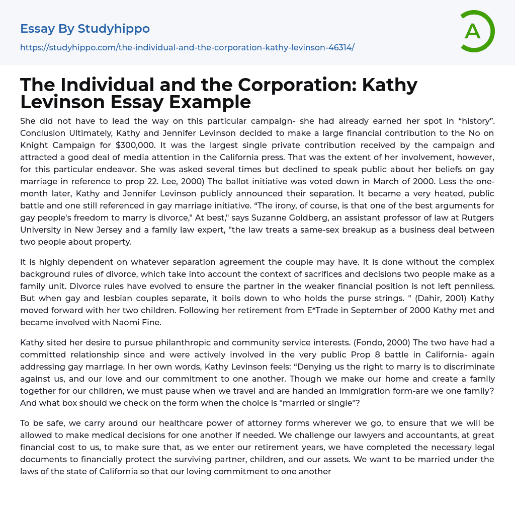 The Individual and the Corporation: Kathy Levinson Essay Example