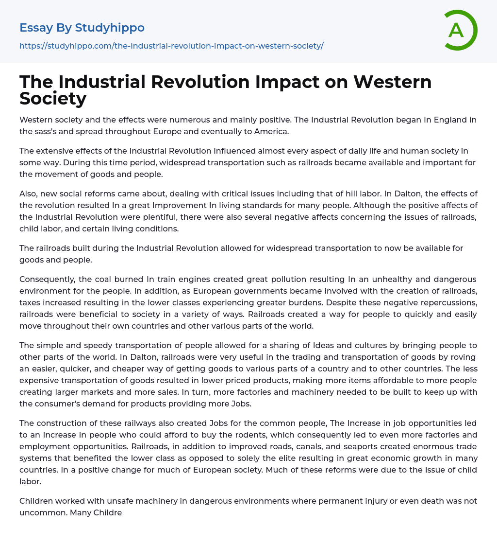 The Industrial Revolution Impact on Western Society Essay Example