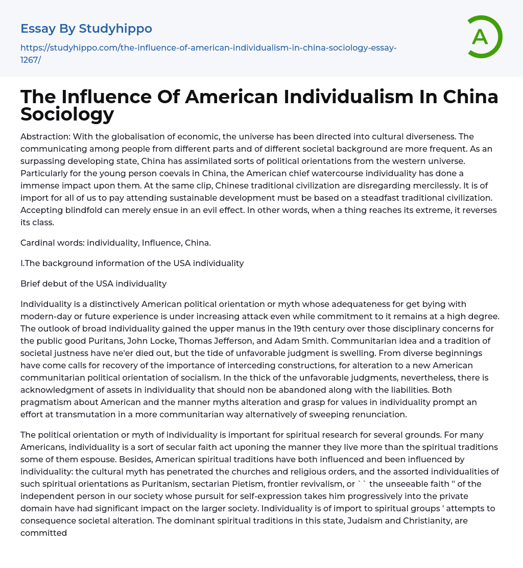 The Influence Of American Individualism In China Sociology Essay Example