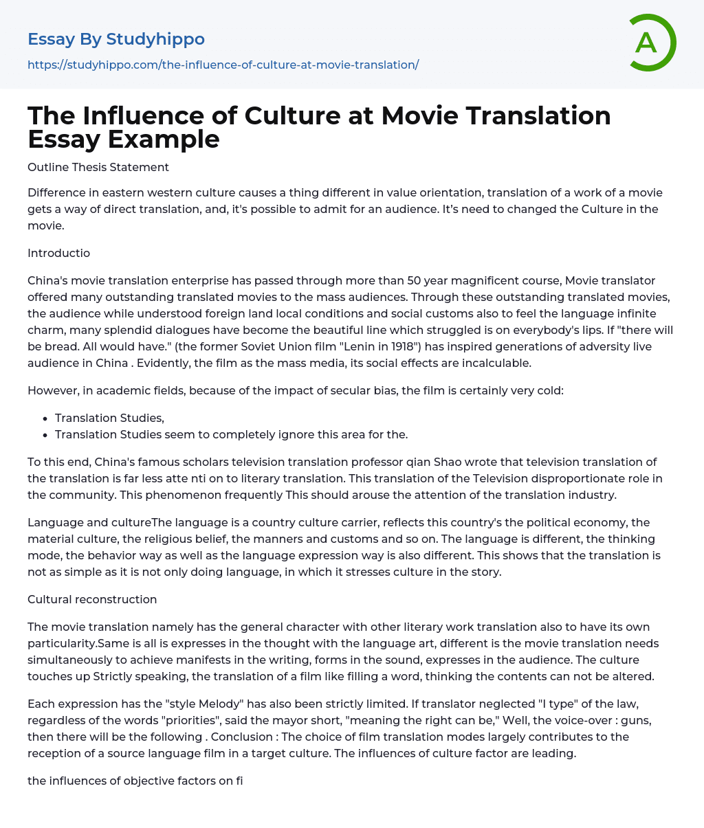 The Influence of Culture at Movie Translation Essay Example