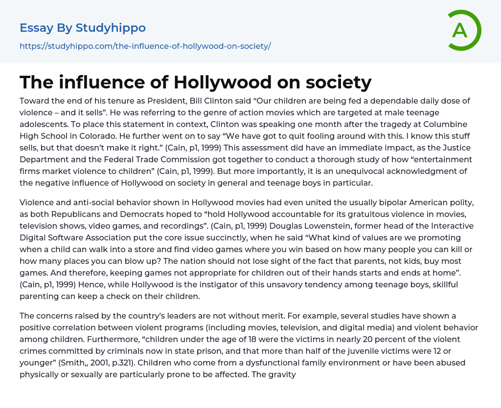 The influence of Hollywood on society Essay Example