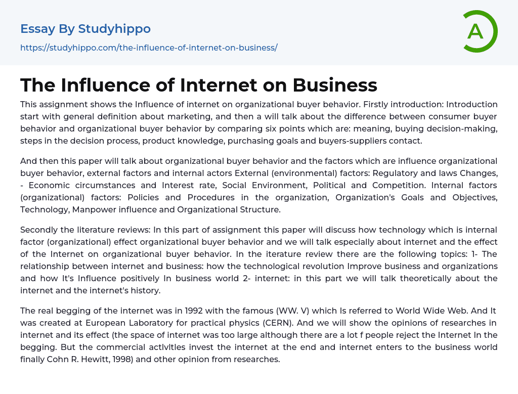 The Influence of Internet on Business Essay Example