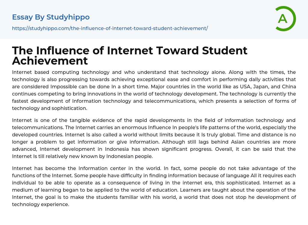 The Influence of Internet Toward Student Achievement Essay Example