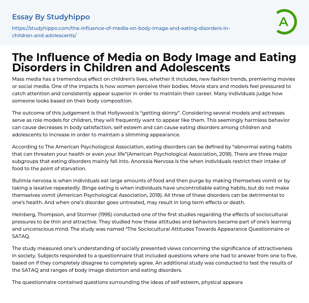The Influence of Media on Body Image and Eating Disorders in Children and Adolescents Essay Example