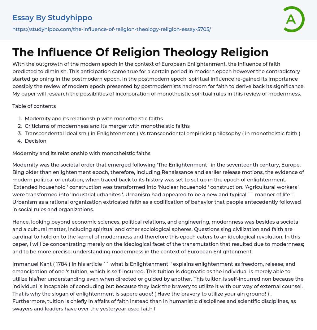 The Influence Of Religion Theology Religion Essay Example