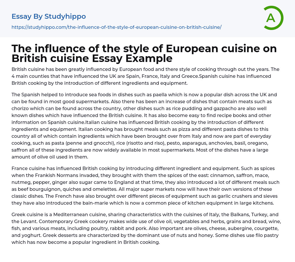 The influence of the style of European cuisine on British cuisine Essay Example