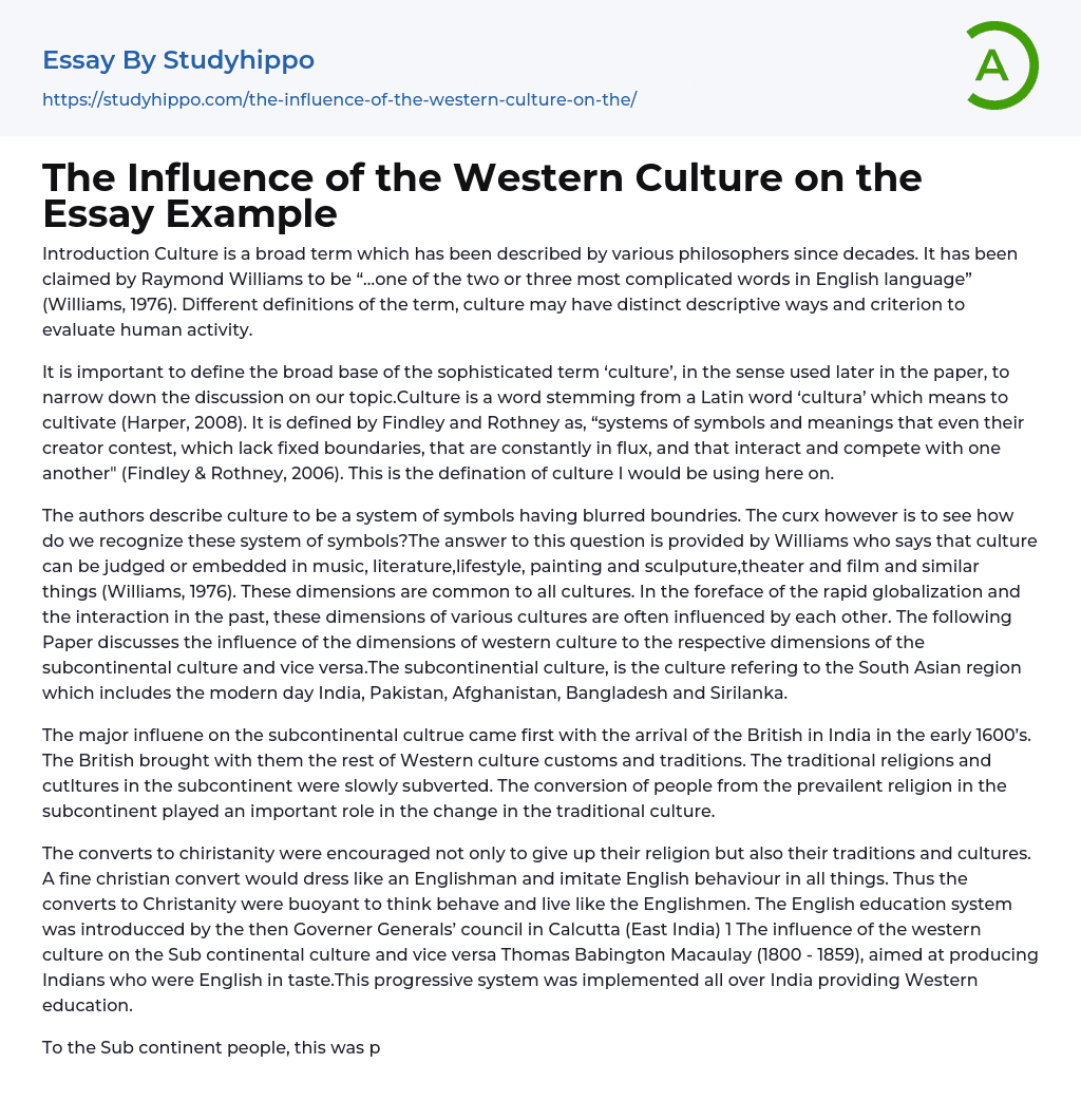 The Influence of the Western Culture on the Essay Example