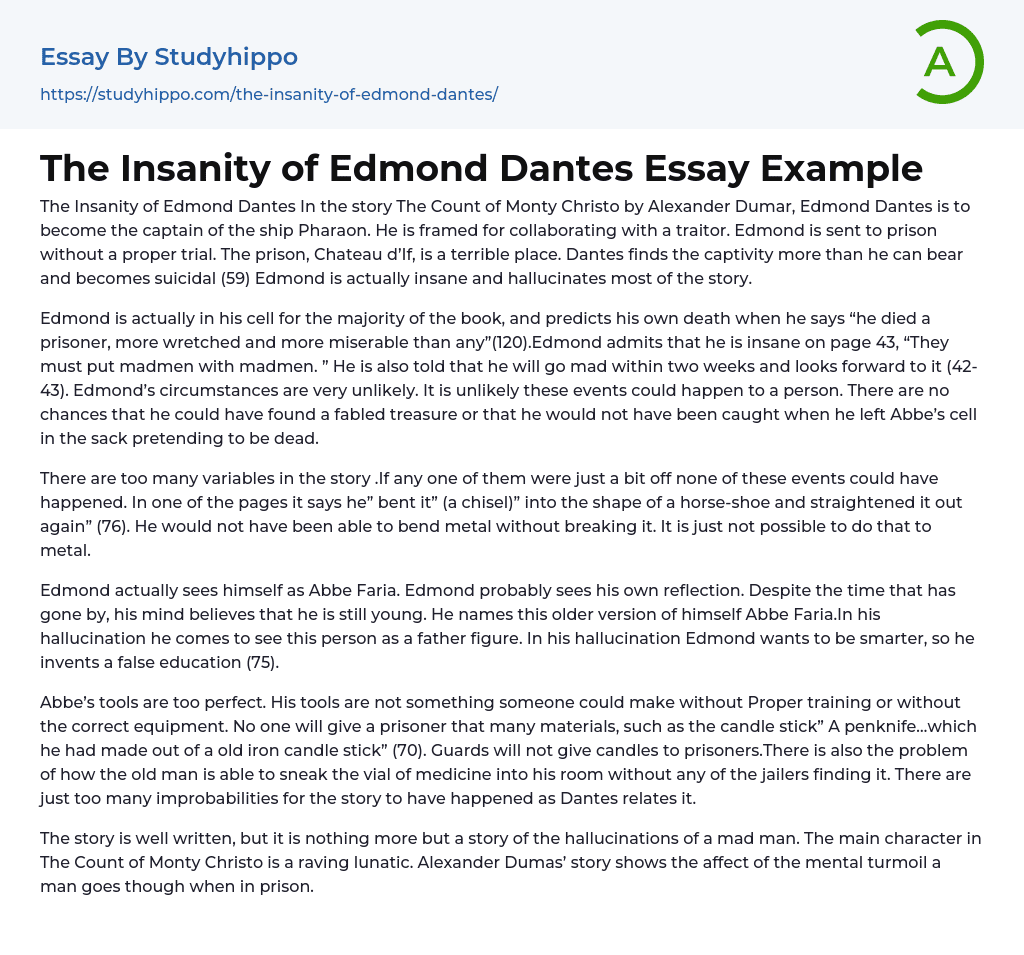 The Insanity of Edmond Dantes Essay Example