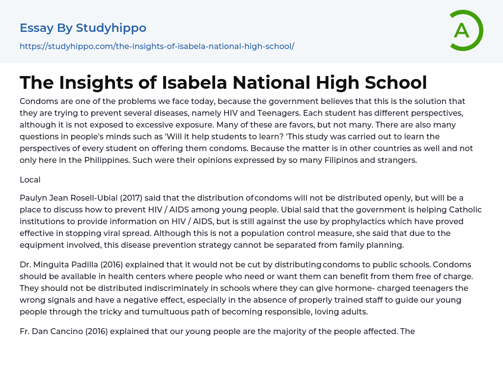The Insights of Isabela National High School Essay Example