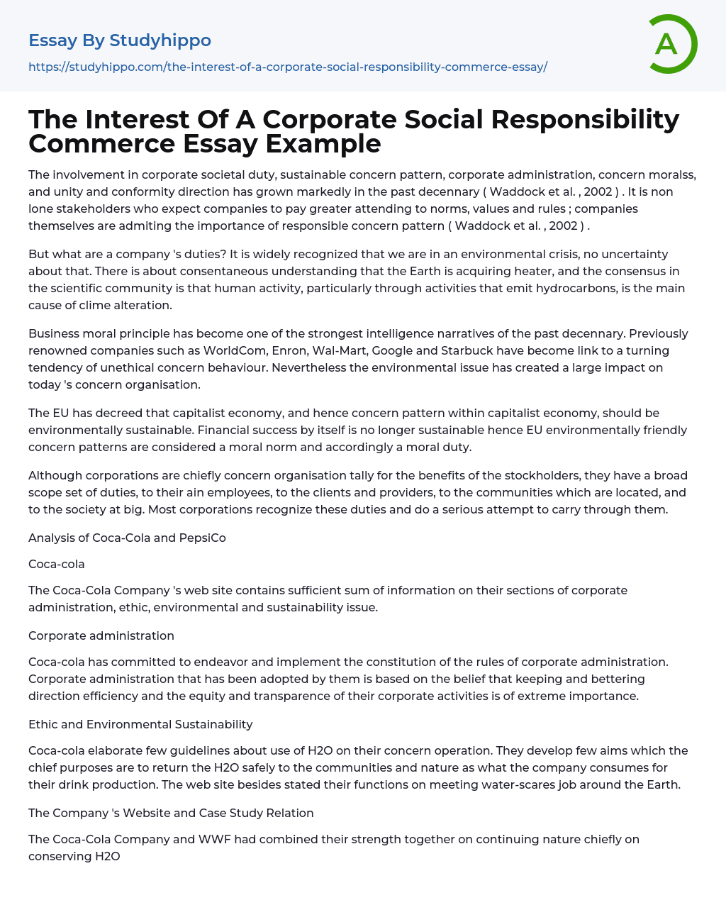 The Interest Of A Corporate Social Responsibility Commerce Essay Example