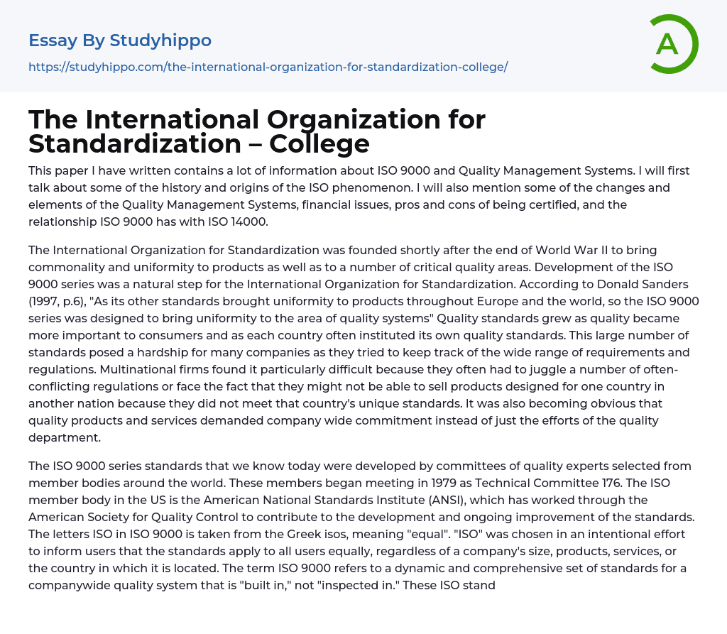 The International Organization for Standardization – College Essay Example