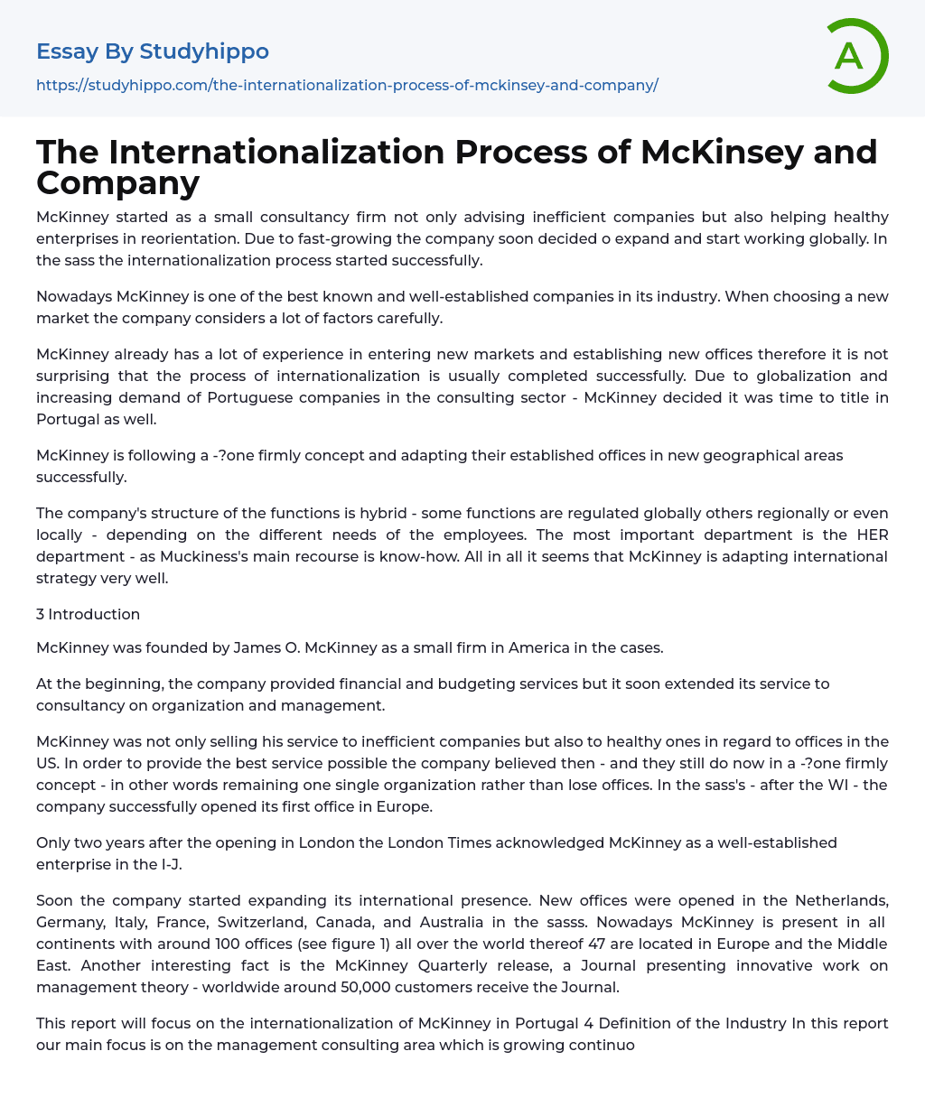 The Internationalization Process of McKinsey and Company Essay Example