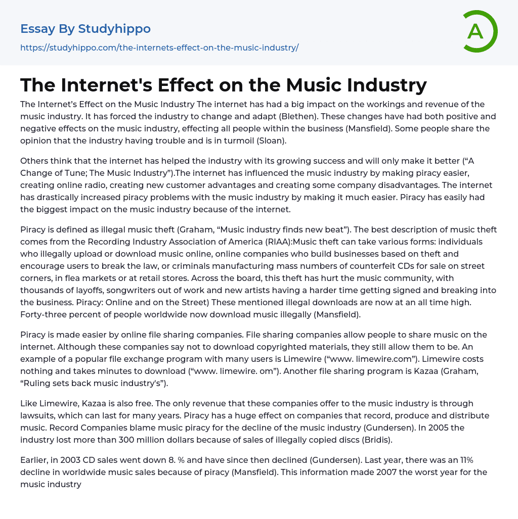 The Internet’s Effect on the Music Industry Essay Example
