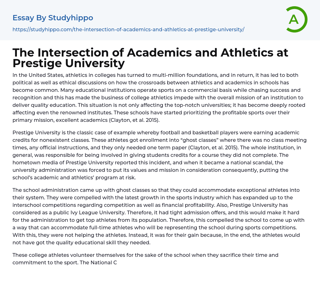 The Intersection of Academics and Athletics at Prestige University Essay Example