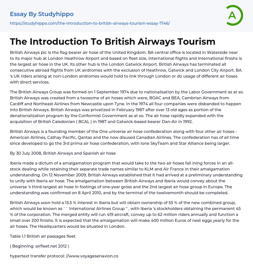 The Introduction To British Airways Tourism Essay Example