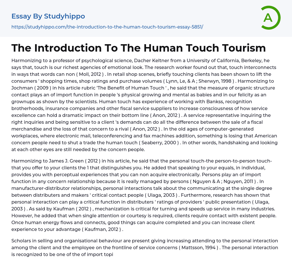 The Introduction To The Human Touch Tourism Essay Example