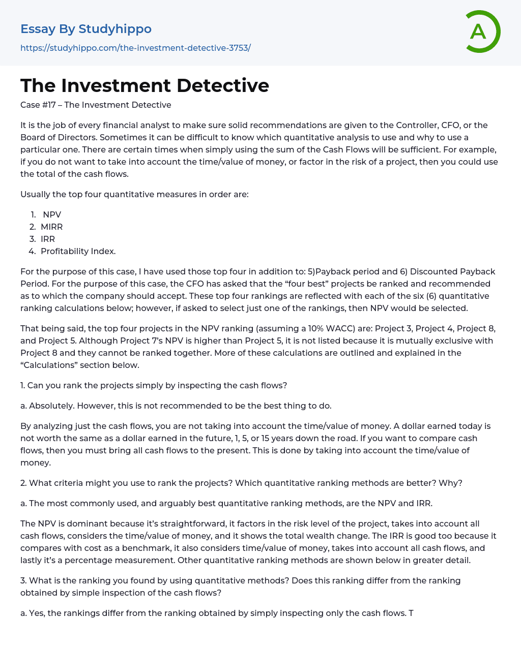 The Investment Detective Essay Example