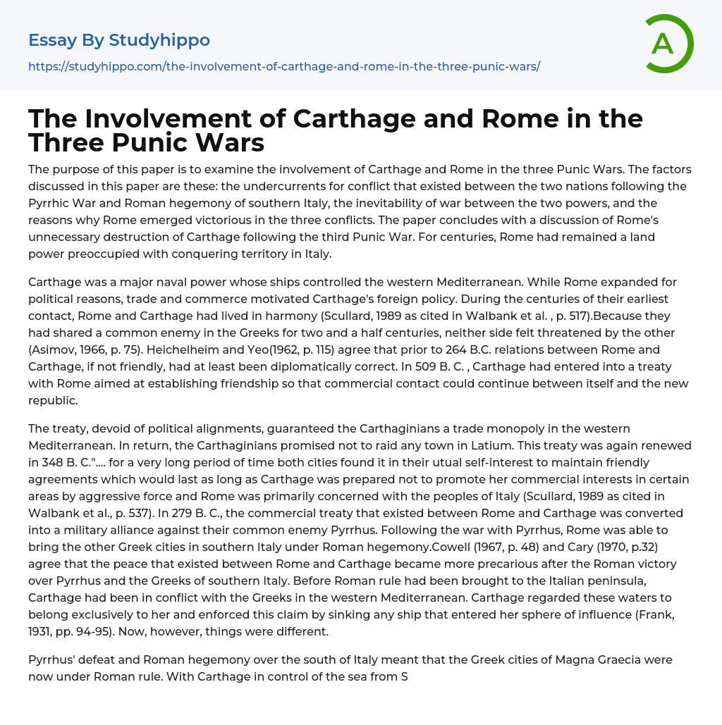 The Involvement of Carthage and Rome in the Three Punic Wars Essay Example