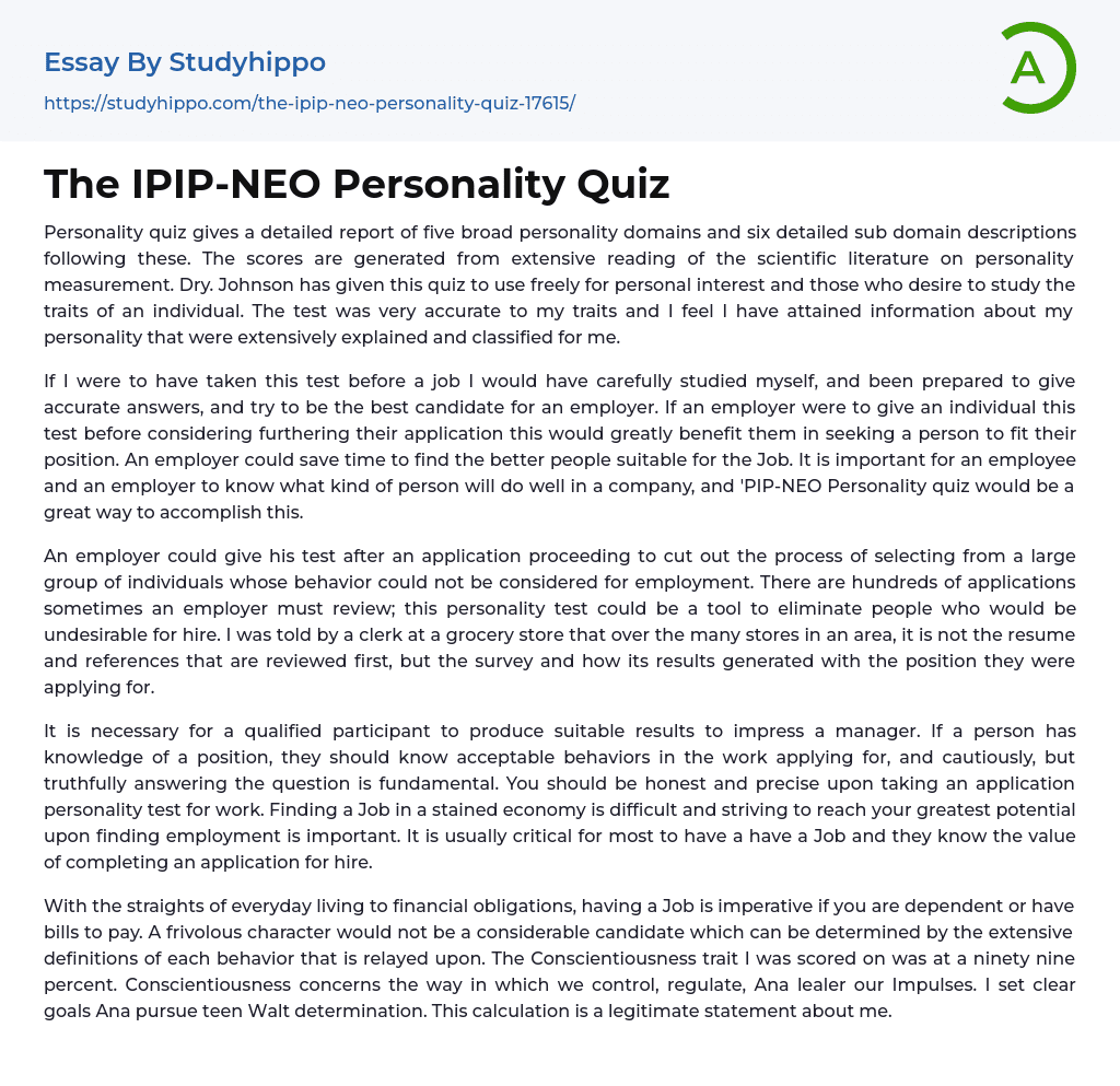 The IPIP-NEO Personality Quiz Essay Example