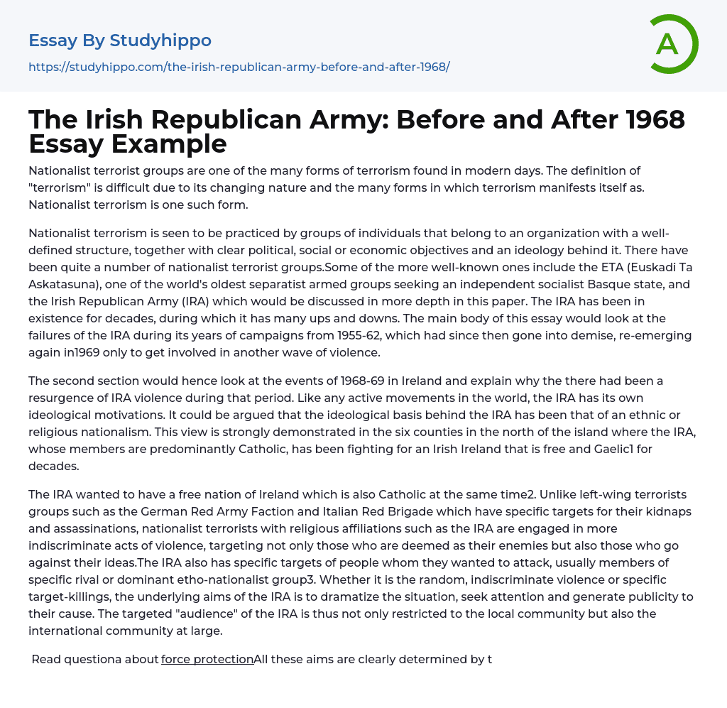 The Irish Republican Army: Before and After 1968 Essay Example