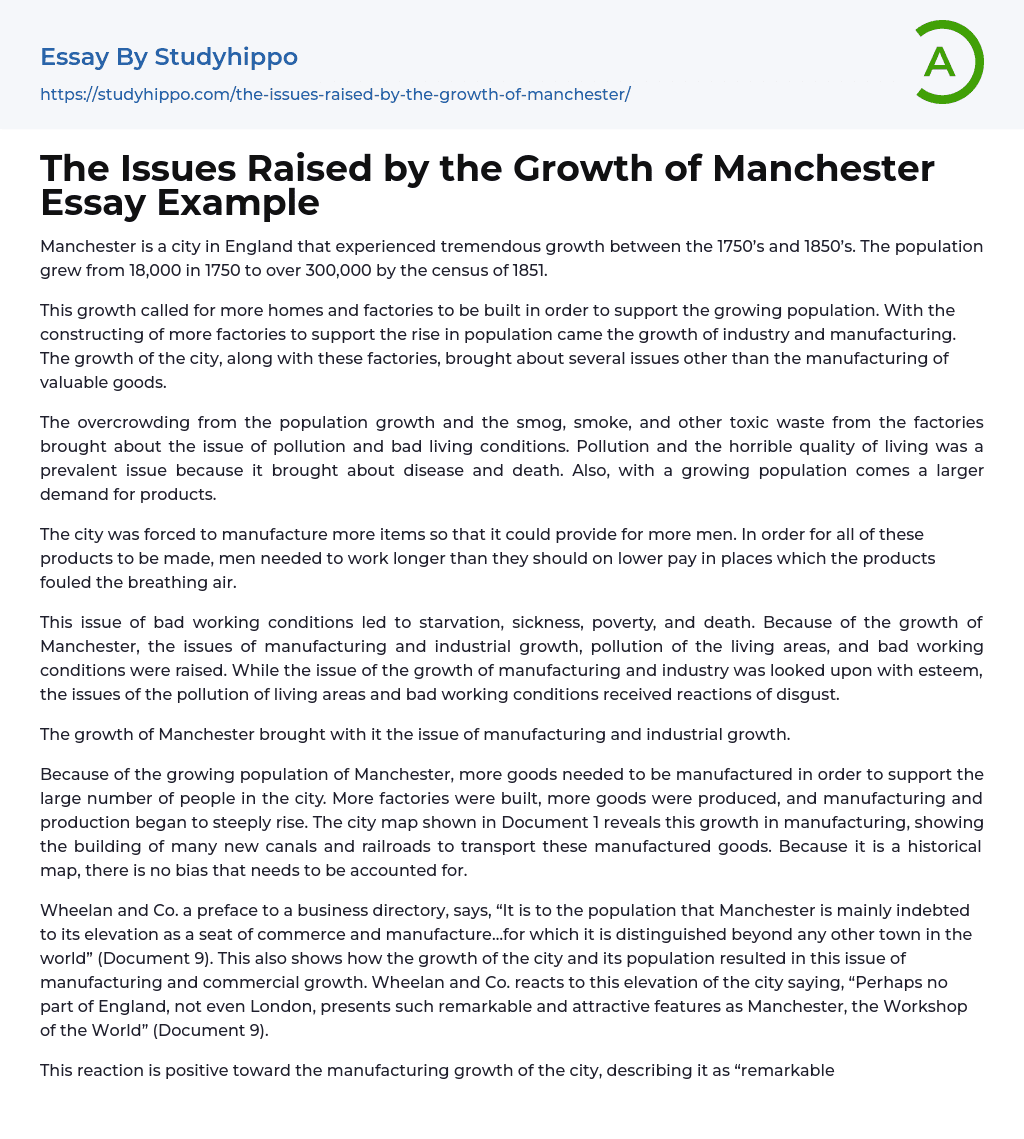 The Issues Raised by the Growth of Manchester Essay Example