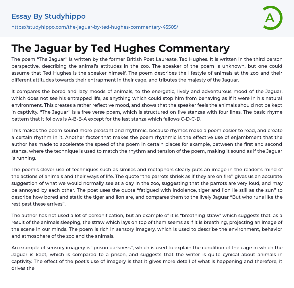 The Jaguar by Ted Hughes Commentary Essay Example