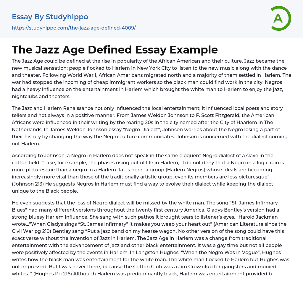 The Jazz Age Defined Essay Example