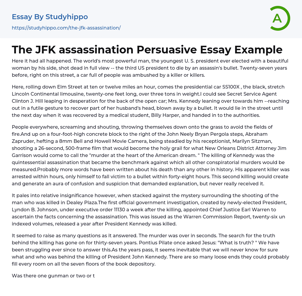 The JFK assassination Persuasive Essay Example