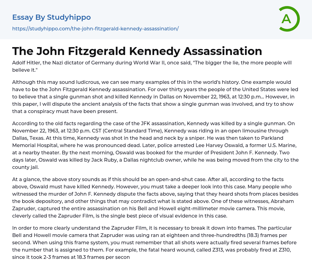 The John Fitzgerald Kennedy Assassination Essay Example