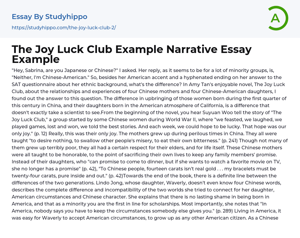 The Joy Luck Club Example Narrative Essay Example