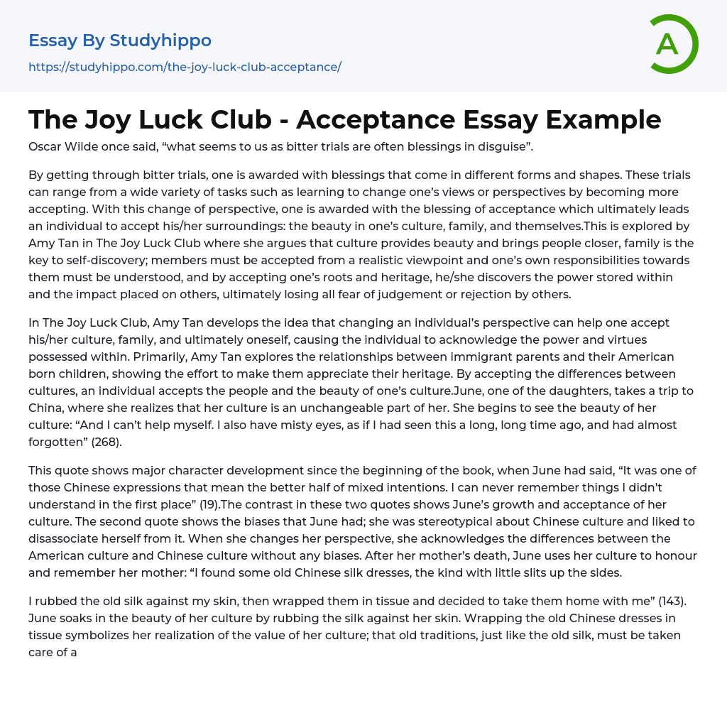 The Joy Luck Club – Acceptance Essay Example