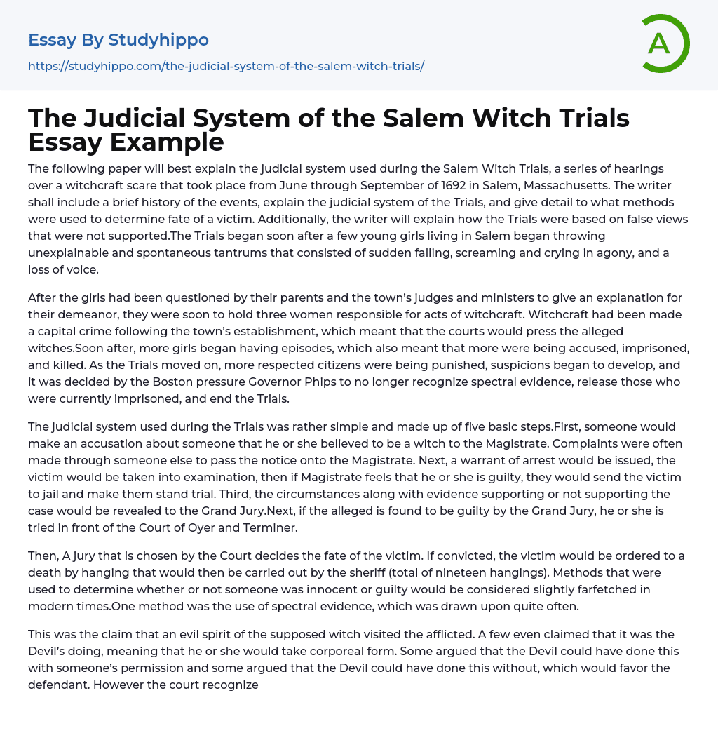 The Judicial System of the Salem Witch Trials Essay Example
