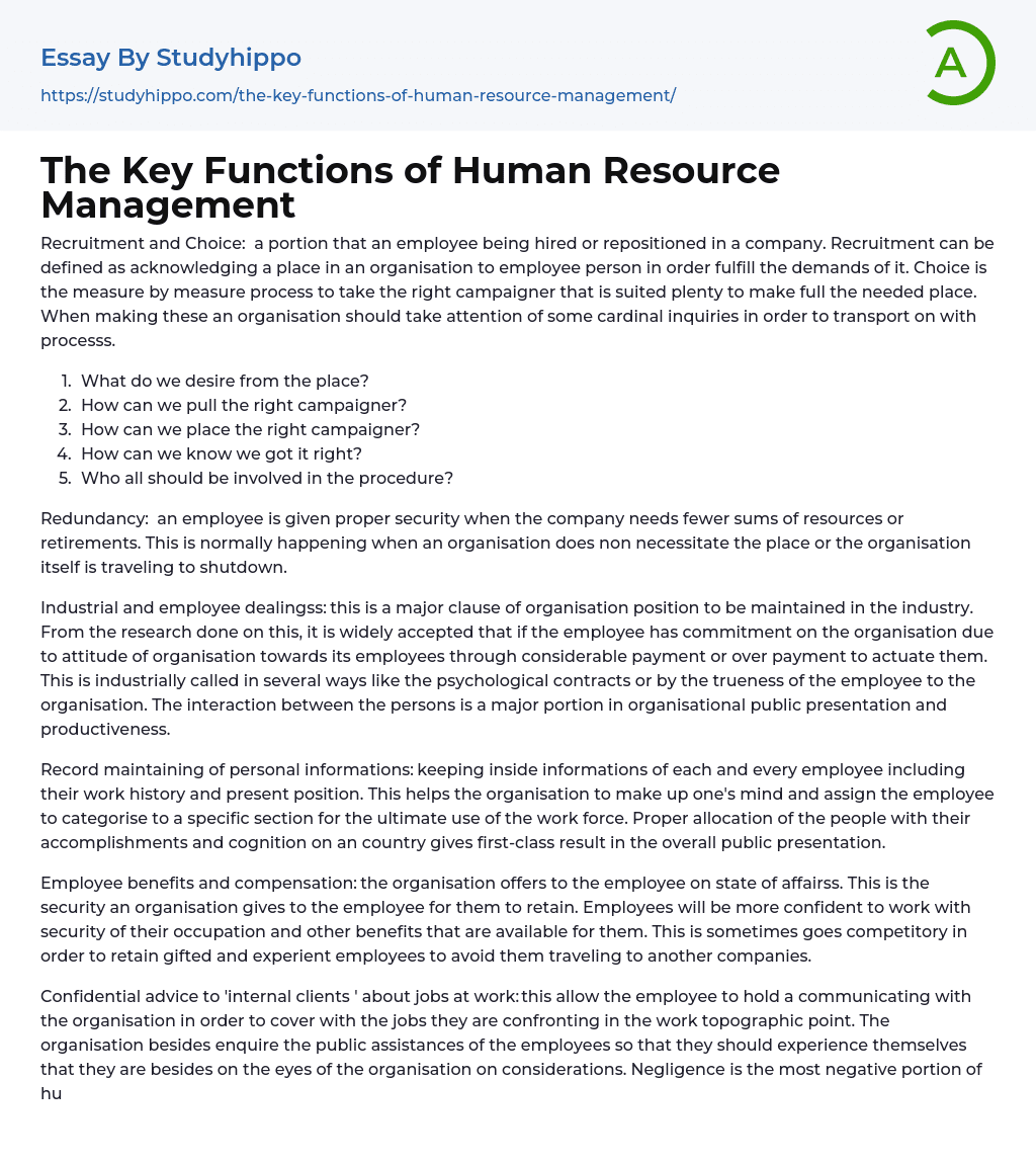 The Key Functions of Human Resource Management Essay Example