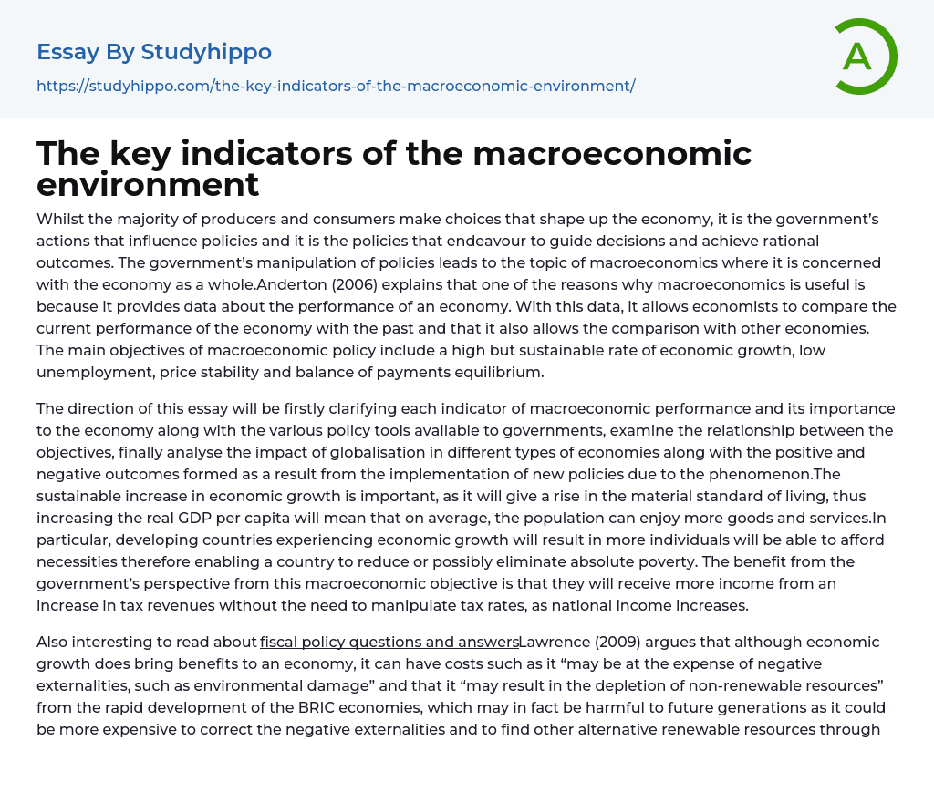 The key indicators of the macroeconomic environment Essay Example