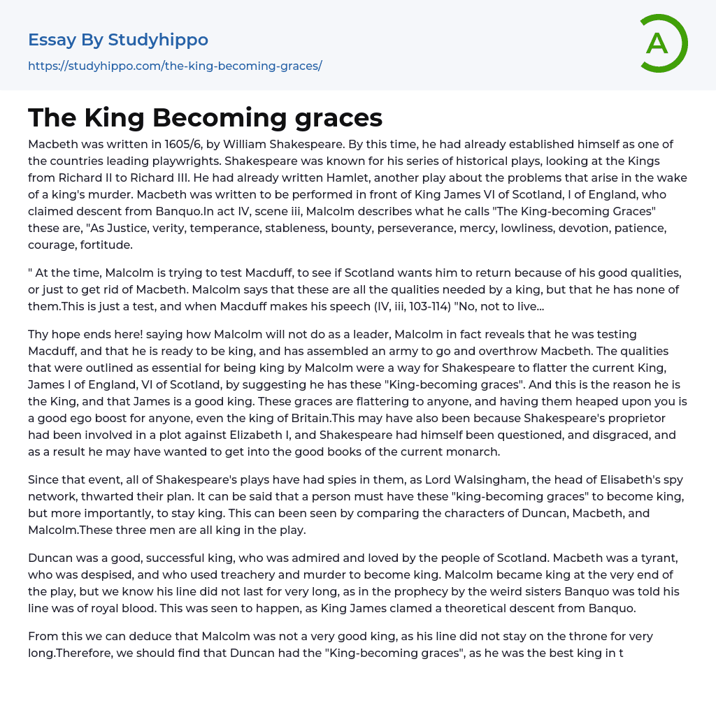 The King Becoming graces Essay Example