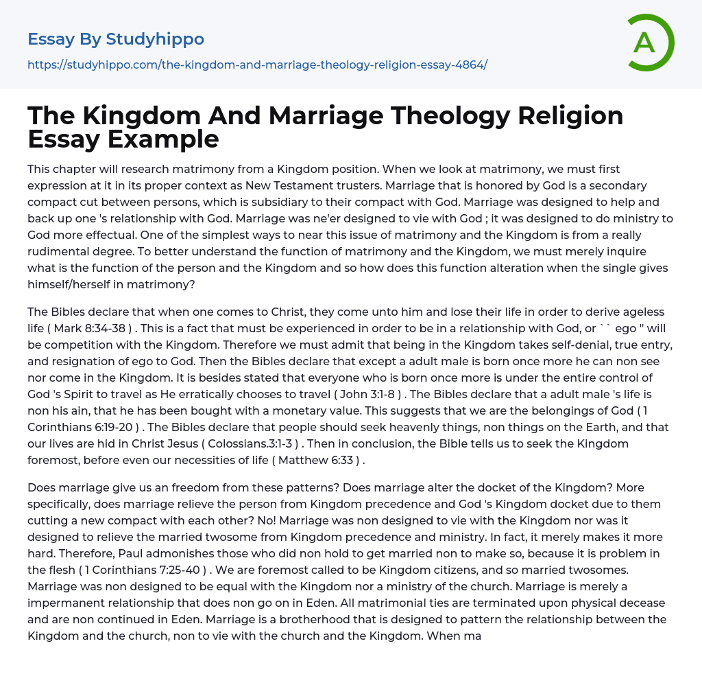 The Kingdom And Marriage Theology Religion Essay Example