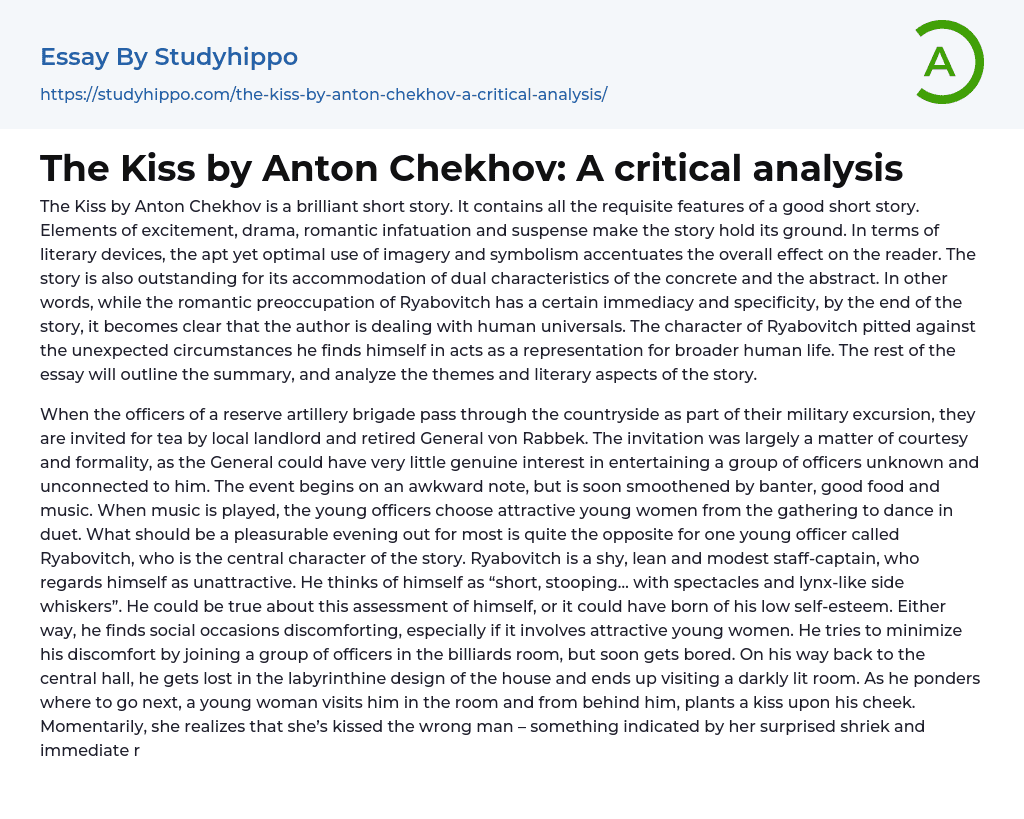 The Kiss by Anton Chekhov: A critical analysis Essay Example